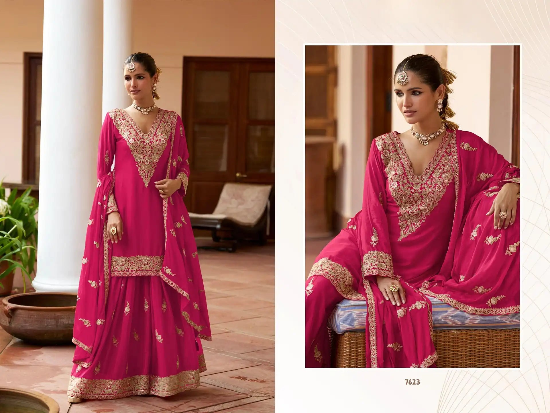 Rani Pink Real Chinon Embroidered Festive Palazzo Suit