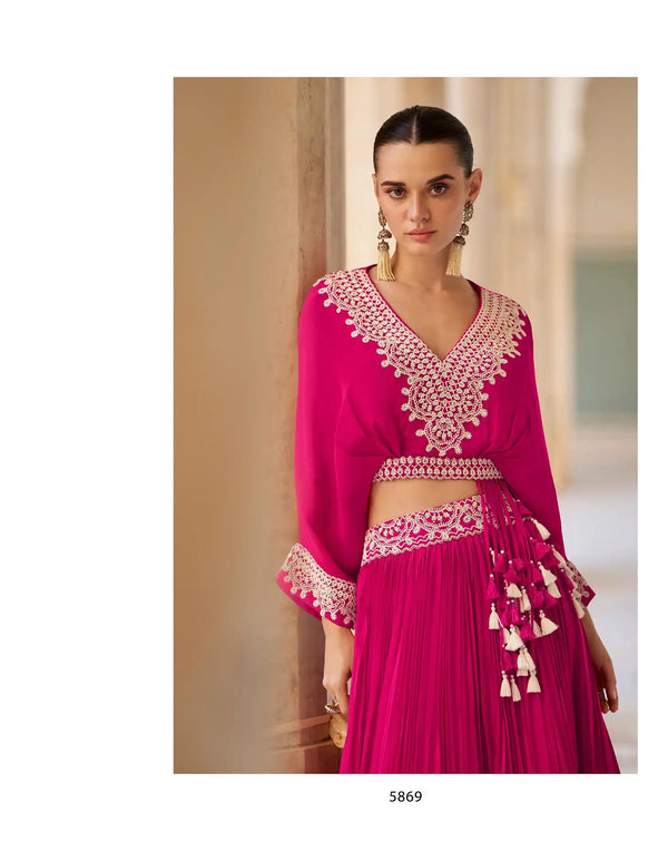 Hot Pink Designer Chinon Embroidered Party Wear Lehenga for Women