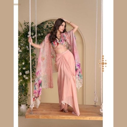 Peach Indo Western Designer Shrug Suit with Palazzo – Partywear
