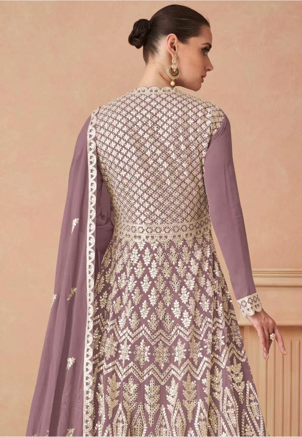 Elegant Lavender Georgette Embroidered Long Shirt with Skirt & Dupatta