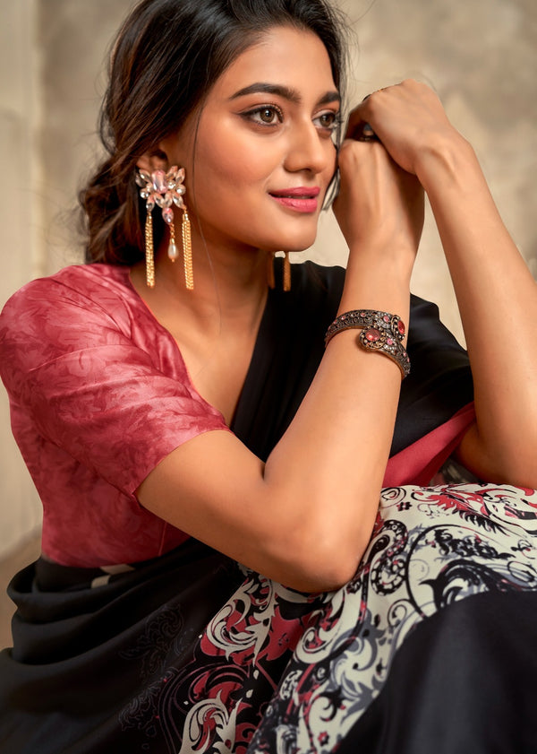 Black & Pink Designer Crepe Silk Saree