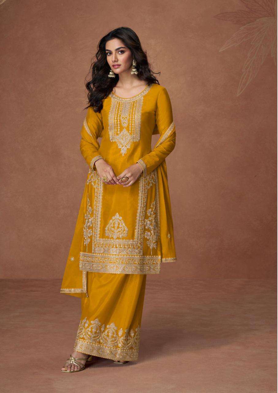 Mustard Yellow Embroidered Chinon Silk Palazzo Set