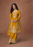 Mustard Yellow Embroidered Chinon Silk Palazzo Set