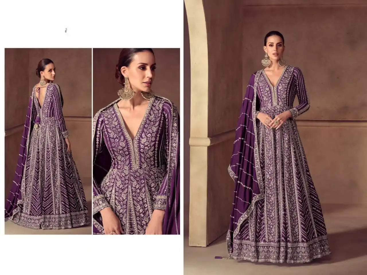 Purple Heavy Embroidered Real Chinon Party Wear Anarkali Gown