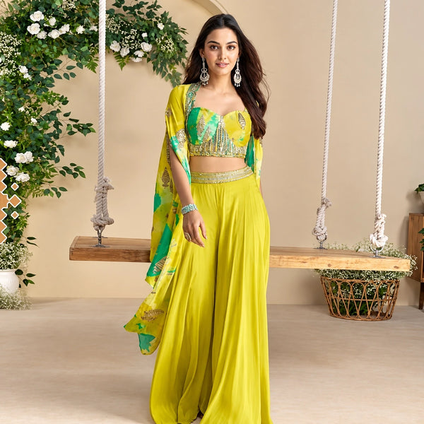 Yellow Indo Western Designer Shrug Suit in Premium Chinon Silk