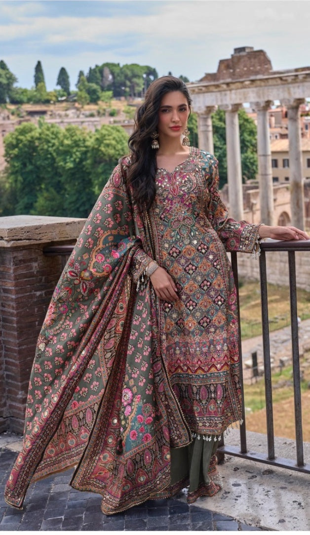 Multicolor Floral Printed Embroidered Sharara Suit with Gota Patti