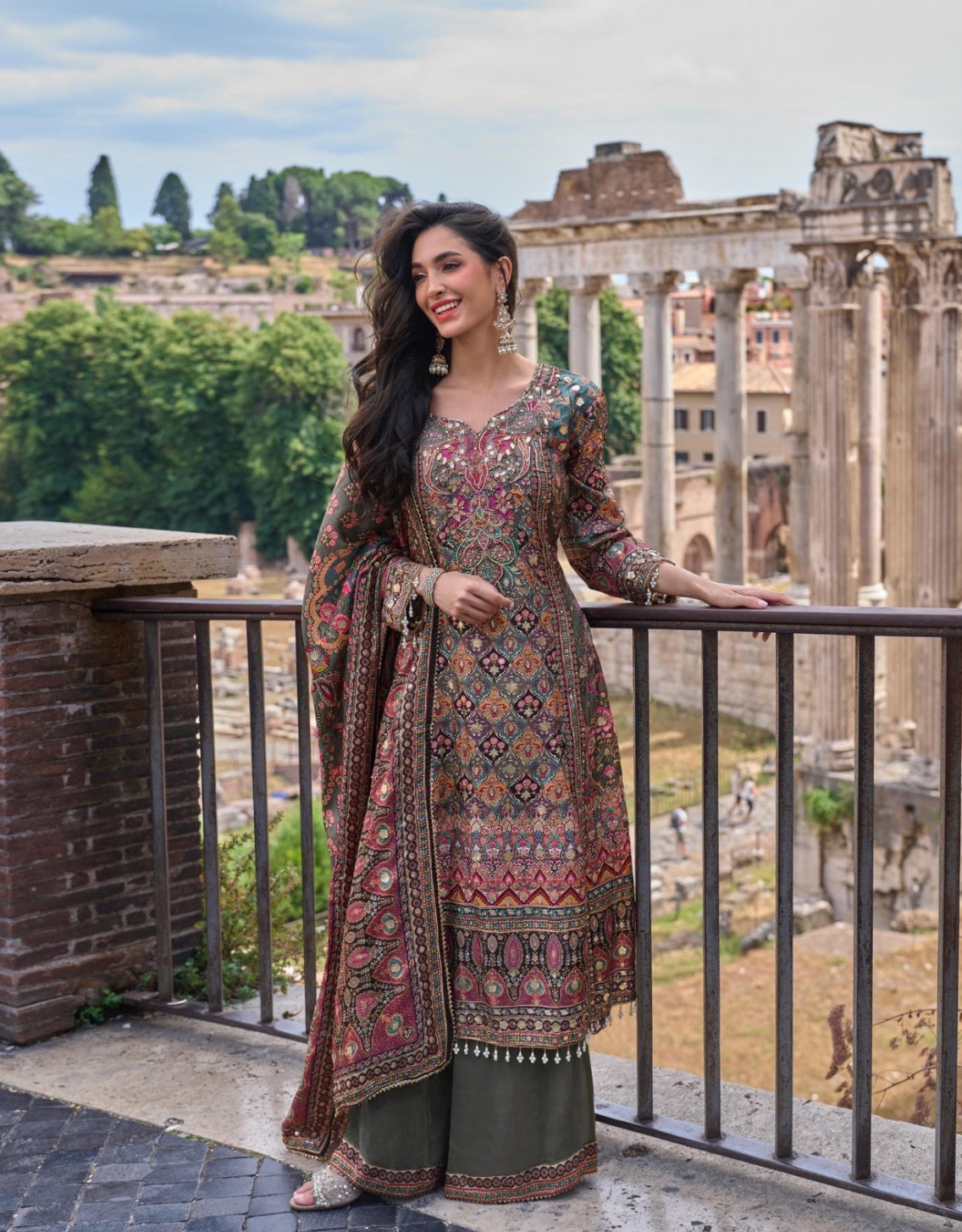 Multicolor Floral Printed Embroidered Sharara Suit with Gota Patti