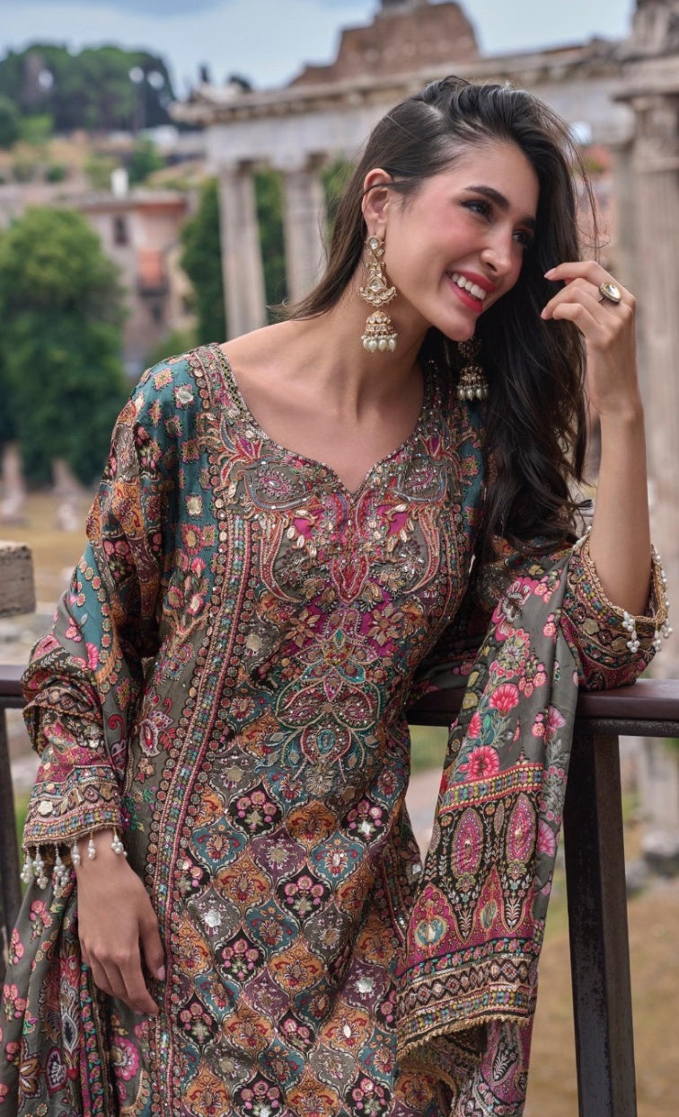 Multicolor Floral Printed Embroidered Sharara Suit with Gota Patti