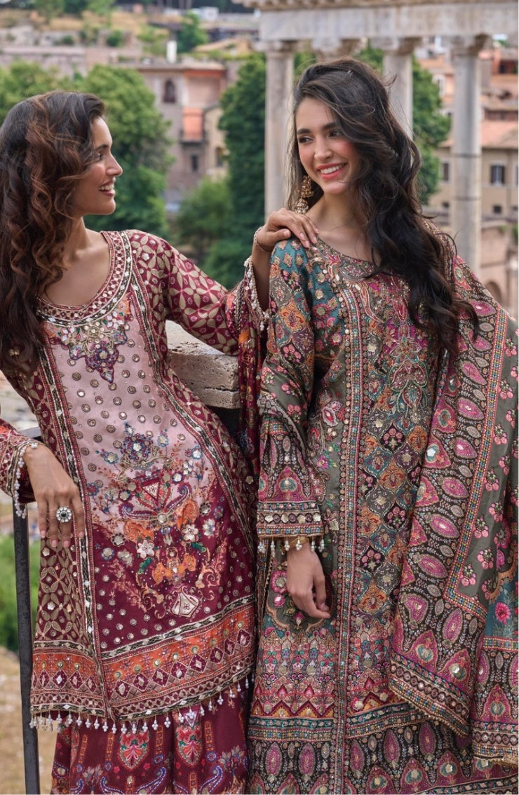 Multicolor Floral Printed Embroidered Sharara Suit with Gota Patti