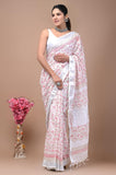 Ivory White Floral Printed Linen Saree