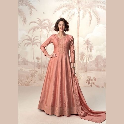 Elegant Peach Silk Floor Length Anarkali Gown with Dupatta