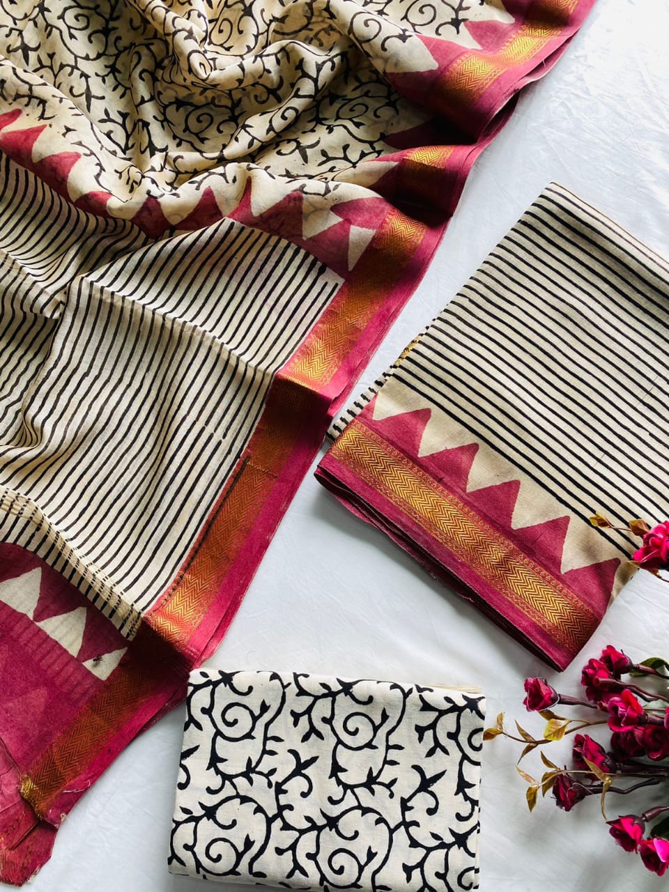Magenta and Ivory Maheshwari Unstitched Dress Material
