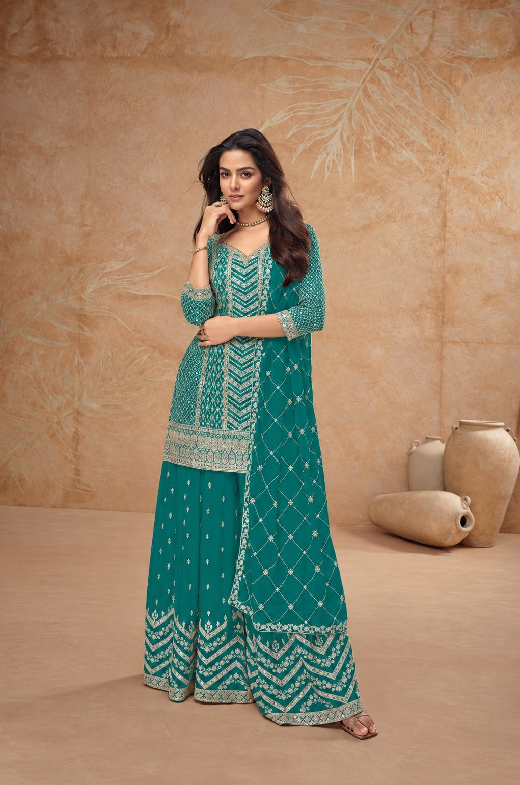 Green Embroidered Real Chinon Palazzo Suit