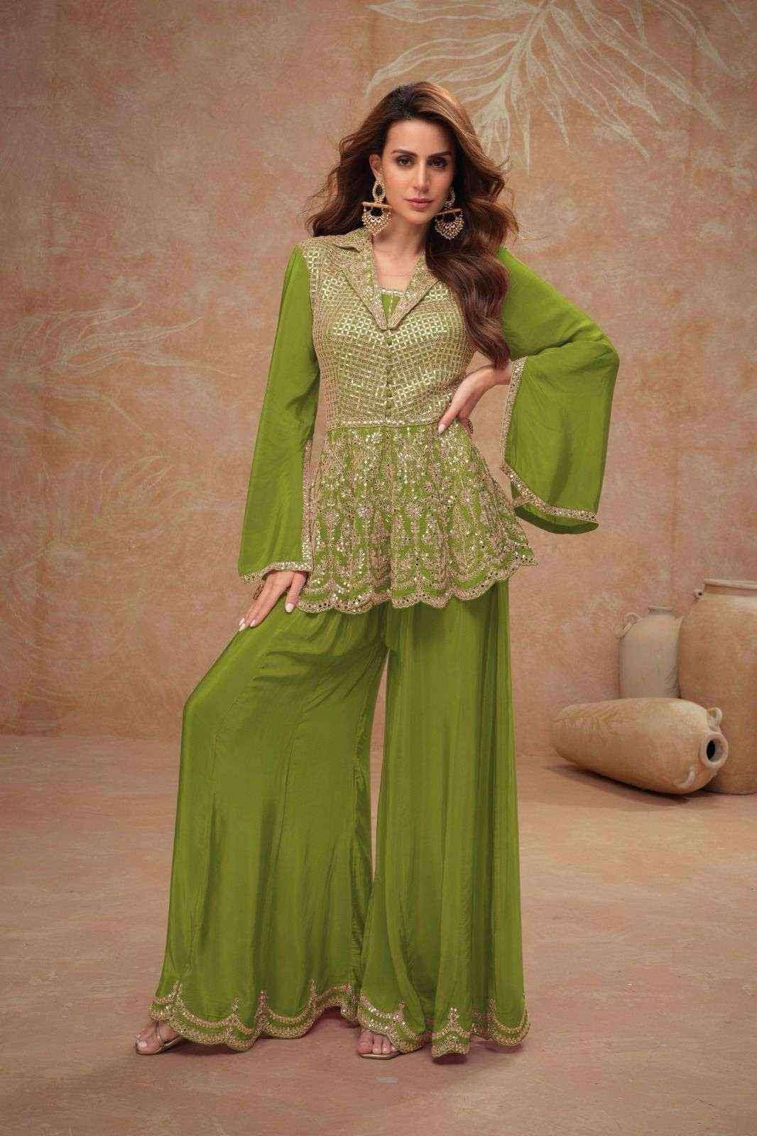 Graceful Green Embroidered Indo Western Suit in Real Chinon