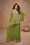 Graceful Green Embroidered Indo Western Suit in Real Chinon