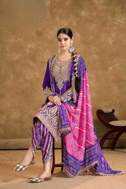 Royal Purple Chinnon Embroidered Kurti Set with Printed Dupatta