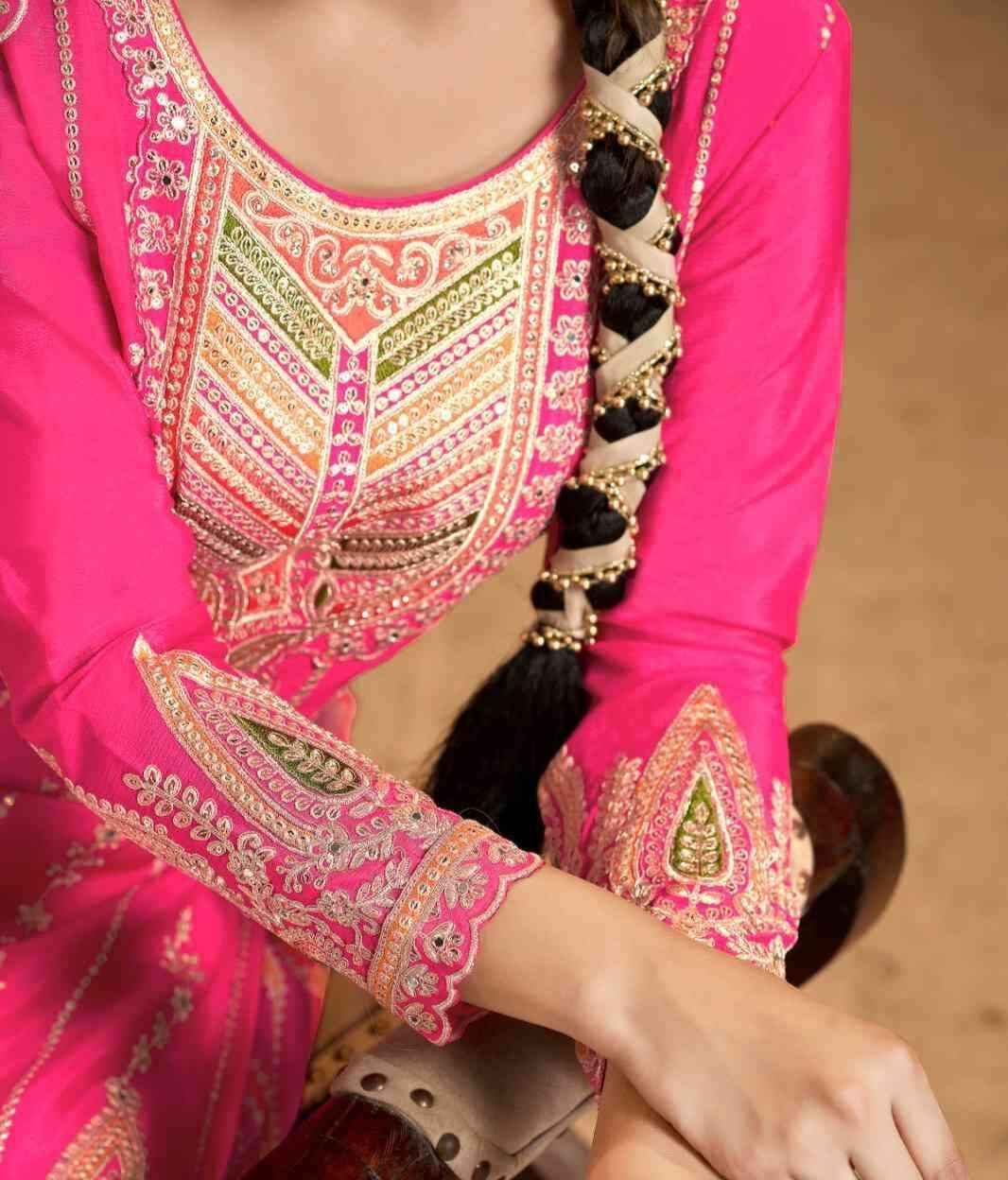 Hot Pink Embroidered Chinnon Kurti Set with Dhoti Tulip Pants