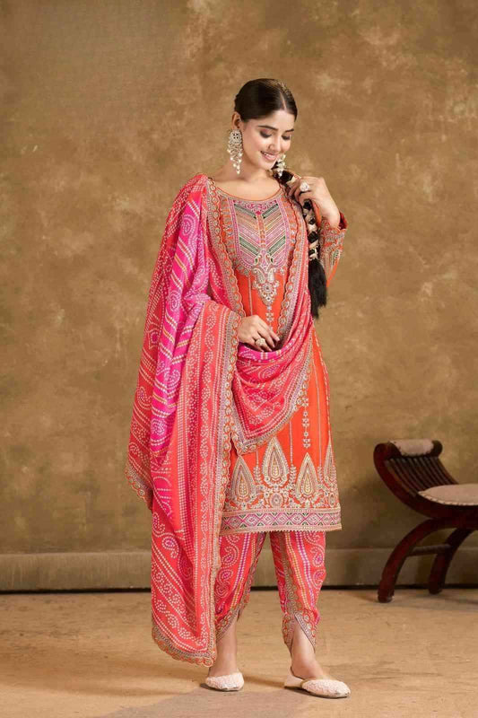 Orange Chinnon Embroidered Kurti Set with Pink Tulip Pants