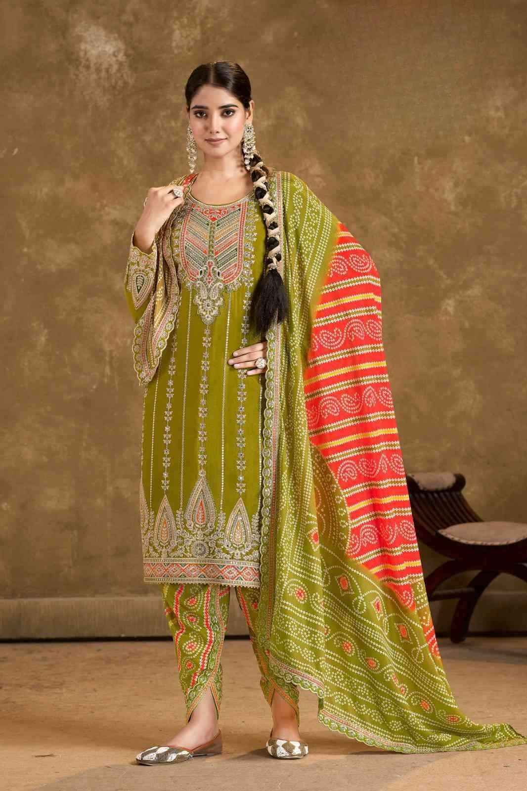 Olive Green Embroidered Chinnon Kurti with Tulip Dhoti Pants