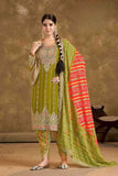 Olive Green Embroidered Chinnon Kurti with Tulip Dhoti Pants