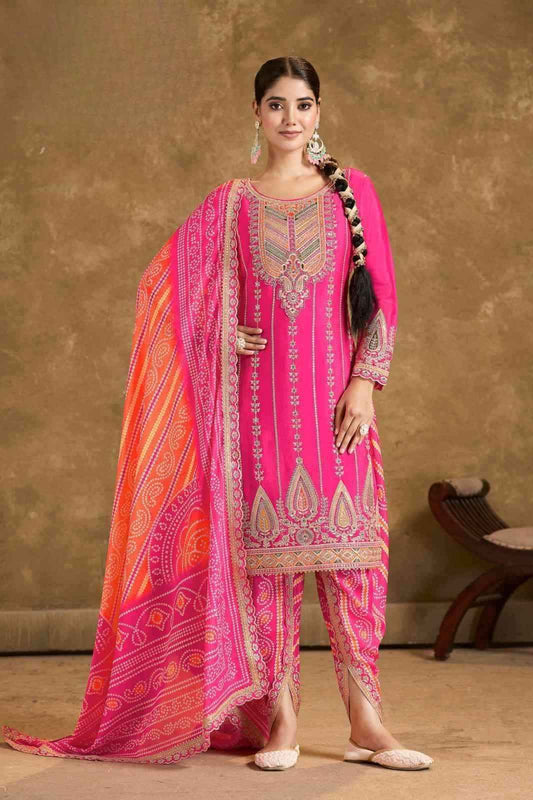 Hot Pink Embroidered Chinnon Kurti Set with Dhoti Tulip Pants