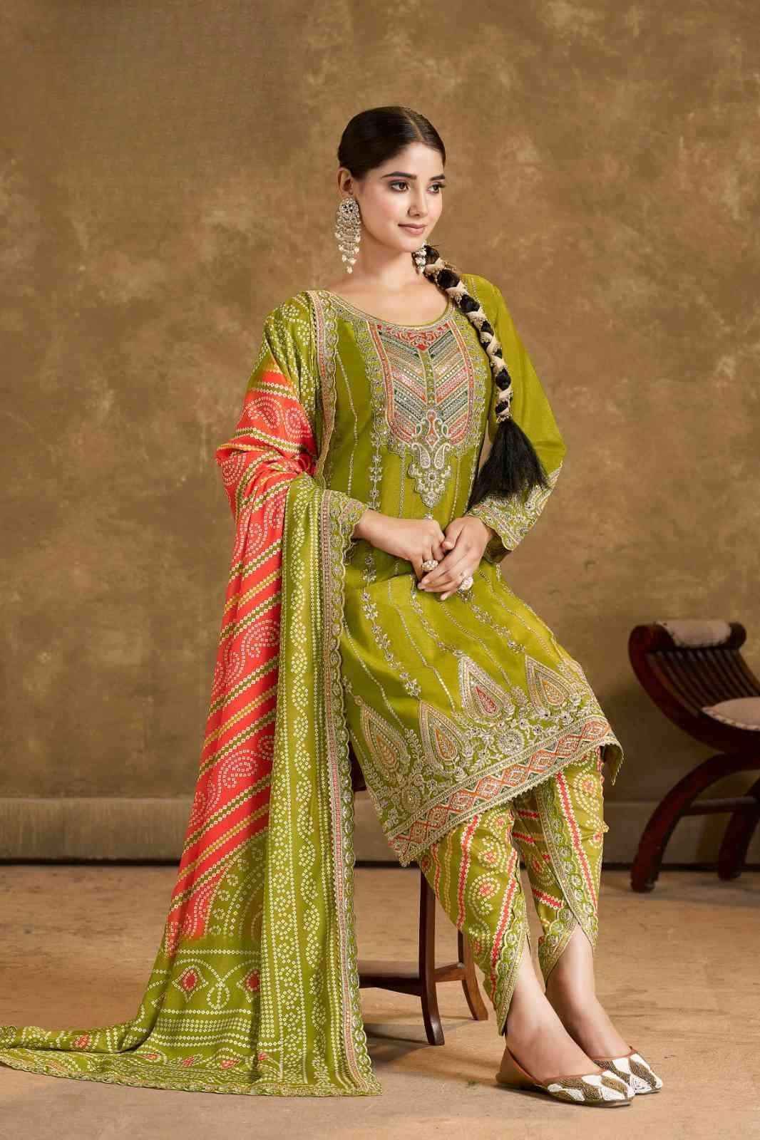 Olive Green Embroidered Chinnon Kurti with Tulip Dhoti Pants
