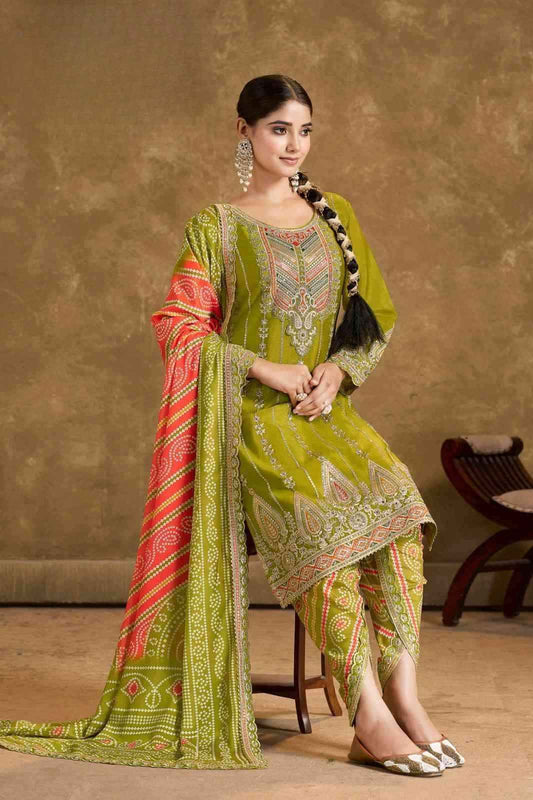Olive Green Embroidered Chinnon Kurti with Tulip Dhoti Pants