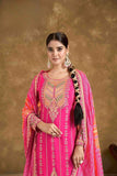 Hot Pink Embroidered Chinnon Kurti Set with Dhoti Tulip Pants