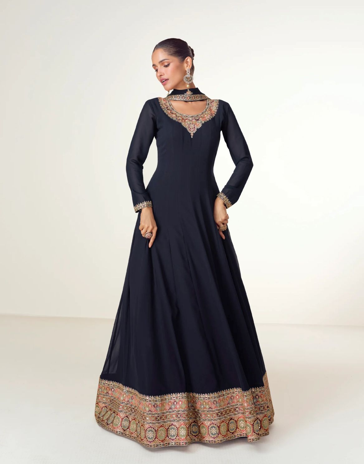 Exquisite Navy Blue Georgette Embroidered Long Dress with Dupatta – Size 42+2