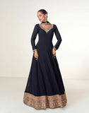 Exquisite Navy Blue Georgette Embroidered Long Dress with Dupatta – Size 42+2