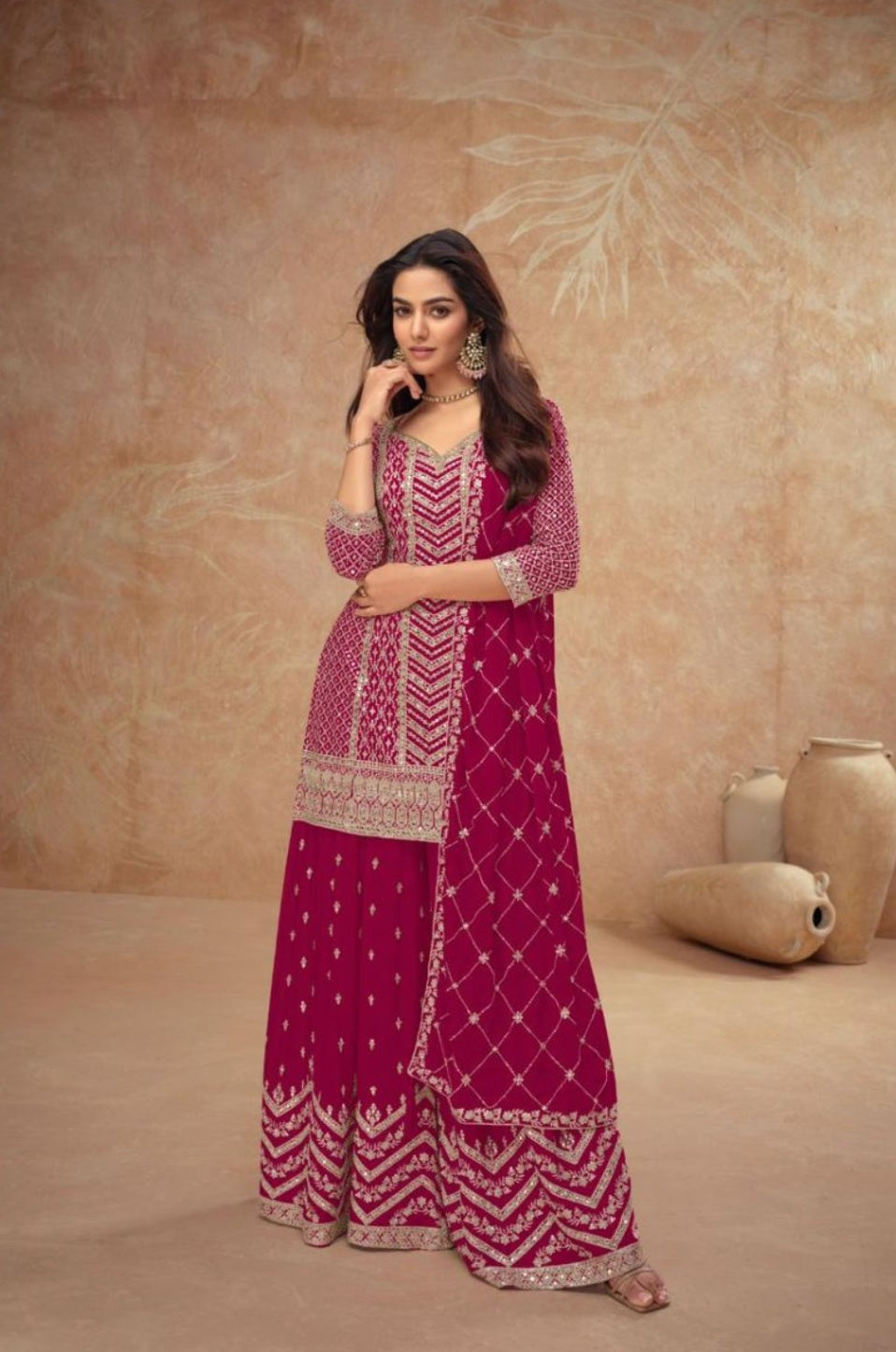 Red Embroidered Real Chinon Palazzo Suit Set