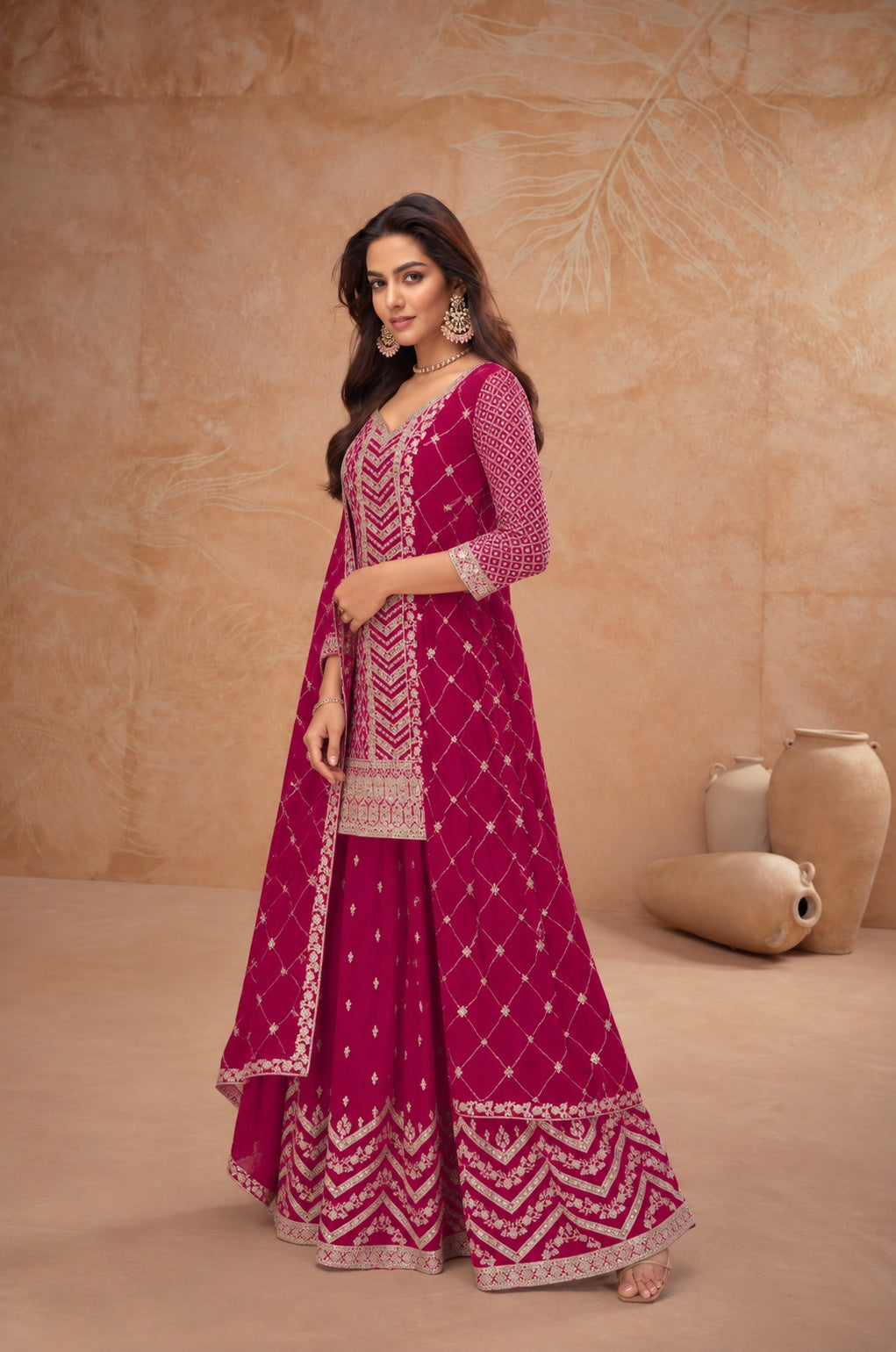 Red Embroidered Real Chinon Palazzo Suit Set