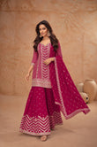 Red Embroidered Real Chinon Palazzo Suit Set