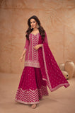 Red Embroidered Real Chinon Palazzo Suit Set