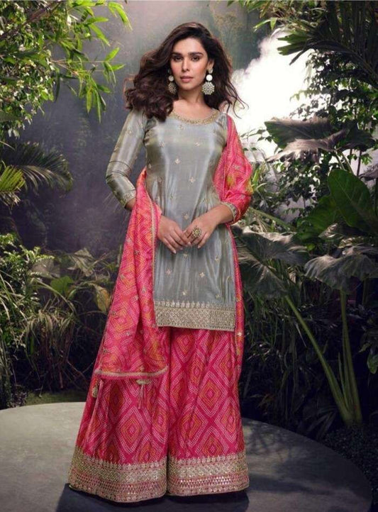 Silver Grey & Pink Designer Silk Suit with Bandhej Dupatta