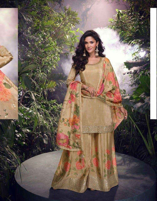 Champagne Gold Floral Palazzo Suit with Chinon Dupatta