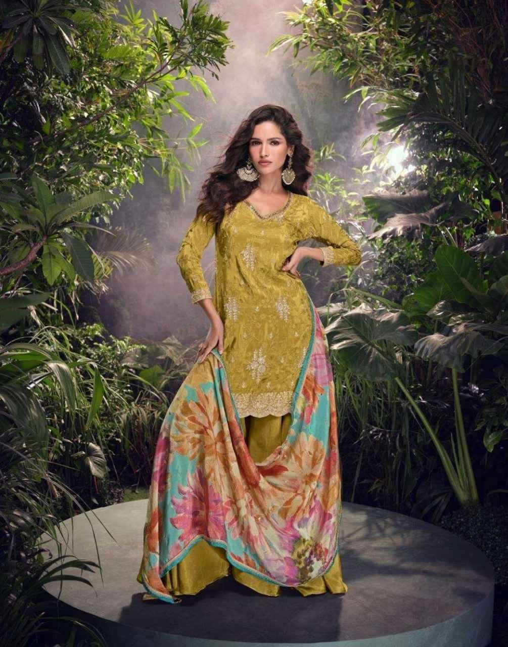 Mustard Embroidered Silk Suit with Floral Chinon Dupatta
