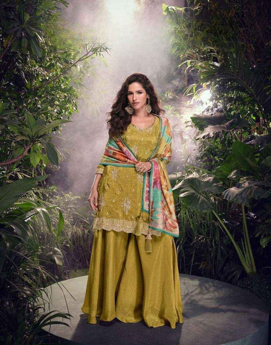 Mustard Embroidered Silk Suit with Floral Chinon Dupatta