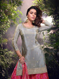 Silver Grey & Pink Designer Silk Suit with Bandhej Dupatta