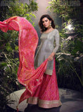 Silver Grey & Pink Designer Silk Suit with Bandhej Dupatta