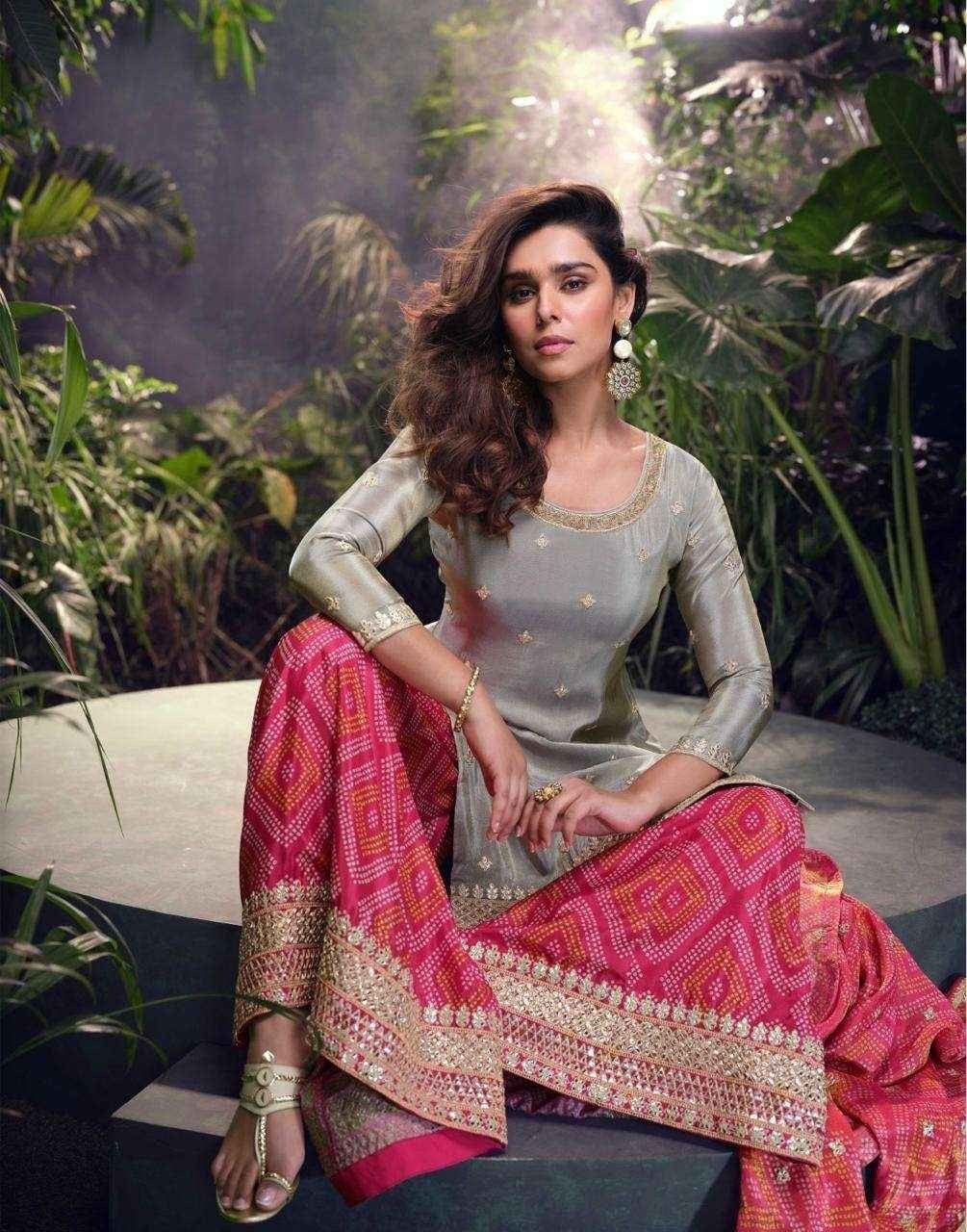 Silver Grey & Pink Designer Silk Suit with Bandhej Dupatta