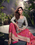 Silver Grey & Pink Designer Silk Suit with Bandhej Dupatta