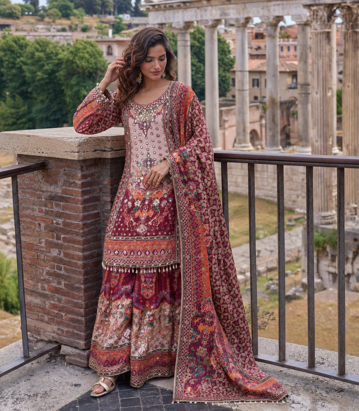 Floral Printed Sharara Suit with Embroidery