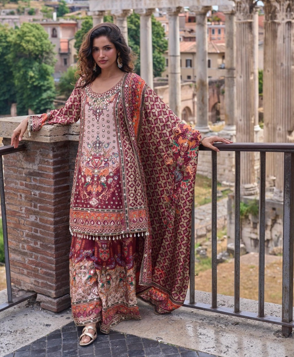 Floral Printed Sharara Suit with Embroidery