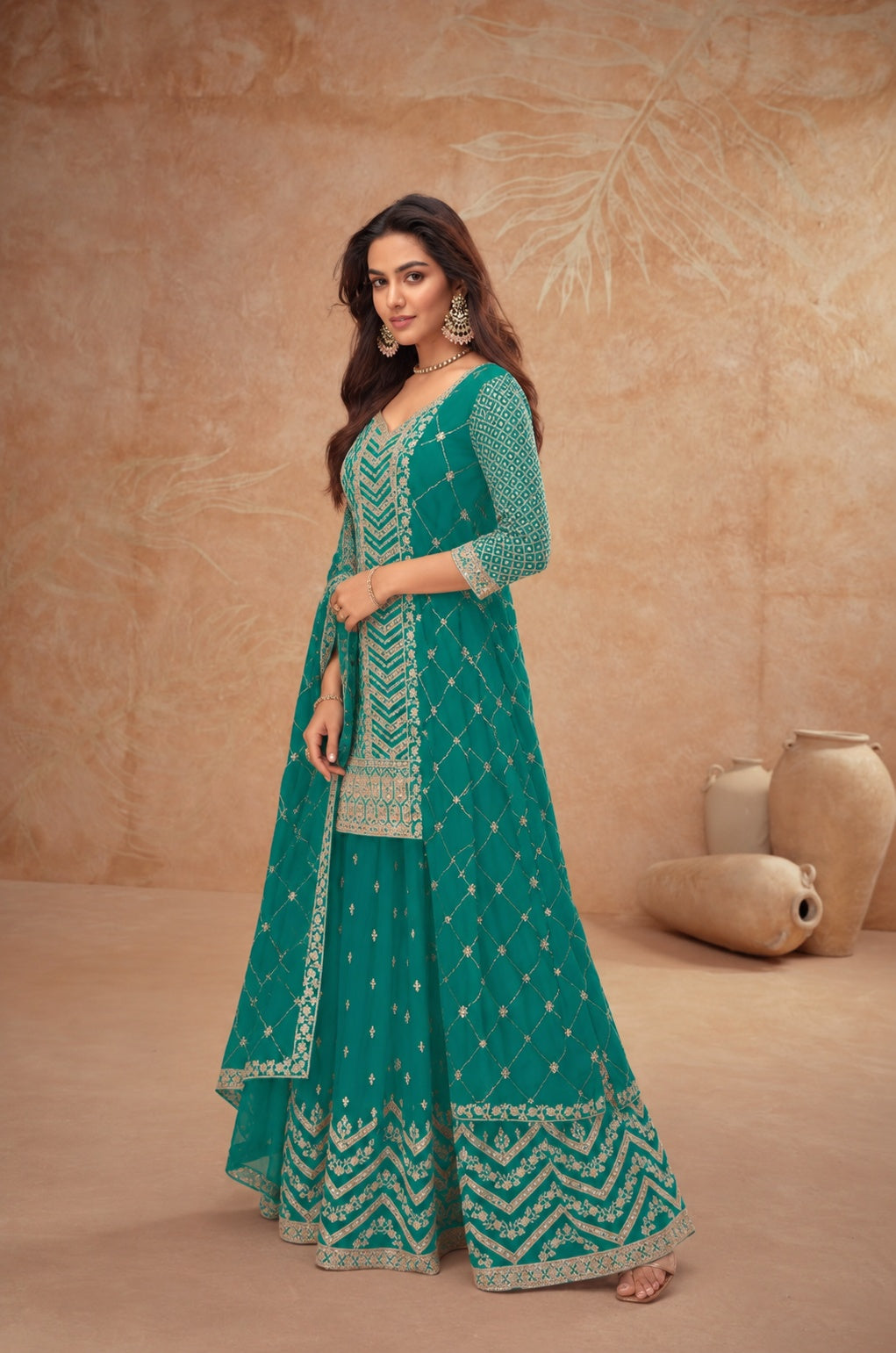 Green Embroidered Real Chinon Palazzo Suit
