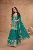 Green Embroidered Real Chinon Palazzo Suit
