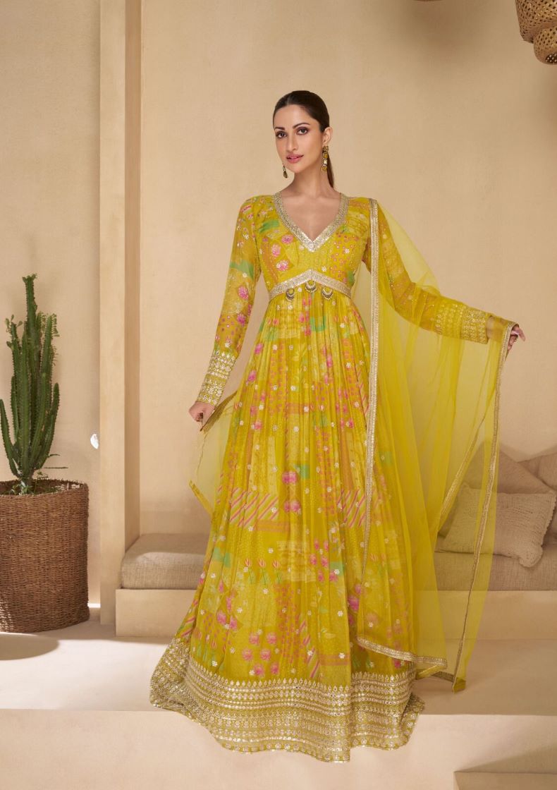 Yellow Floral Anarkali Dress with Embellished Border